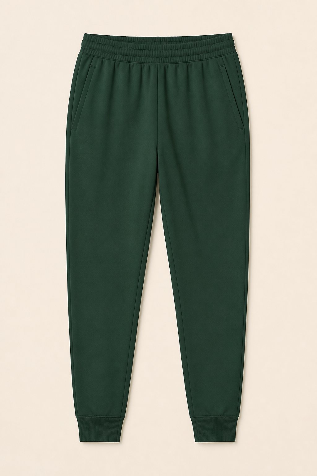 Pine-green tapered track pants, clothing product photograph