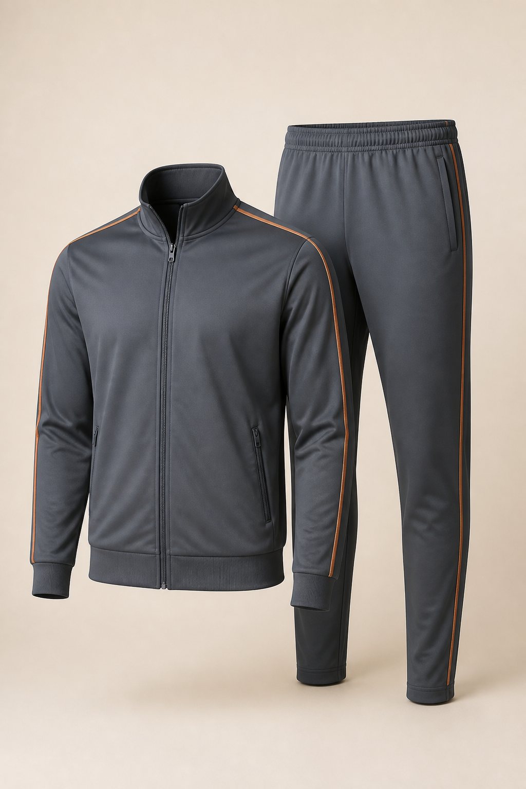 Slate tracksuit with a copper side stripe, jacket and pants as a clothing set