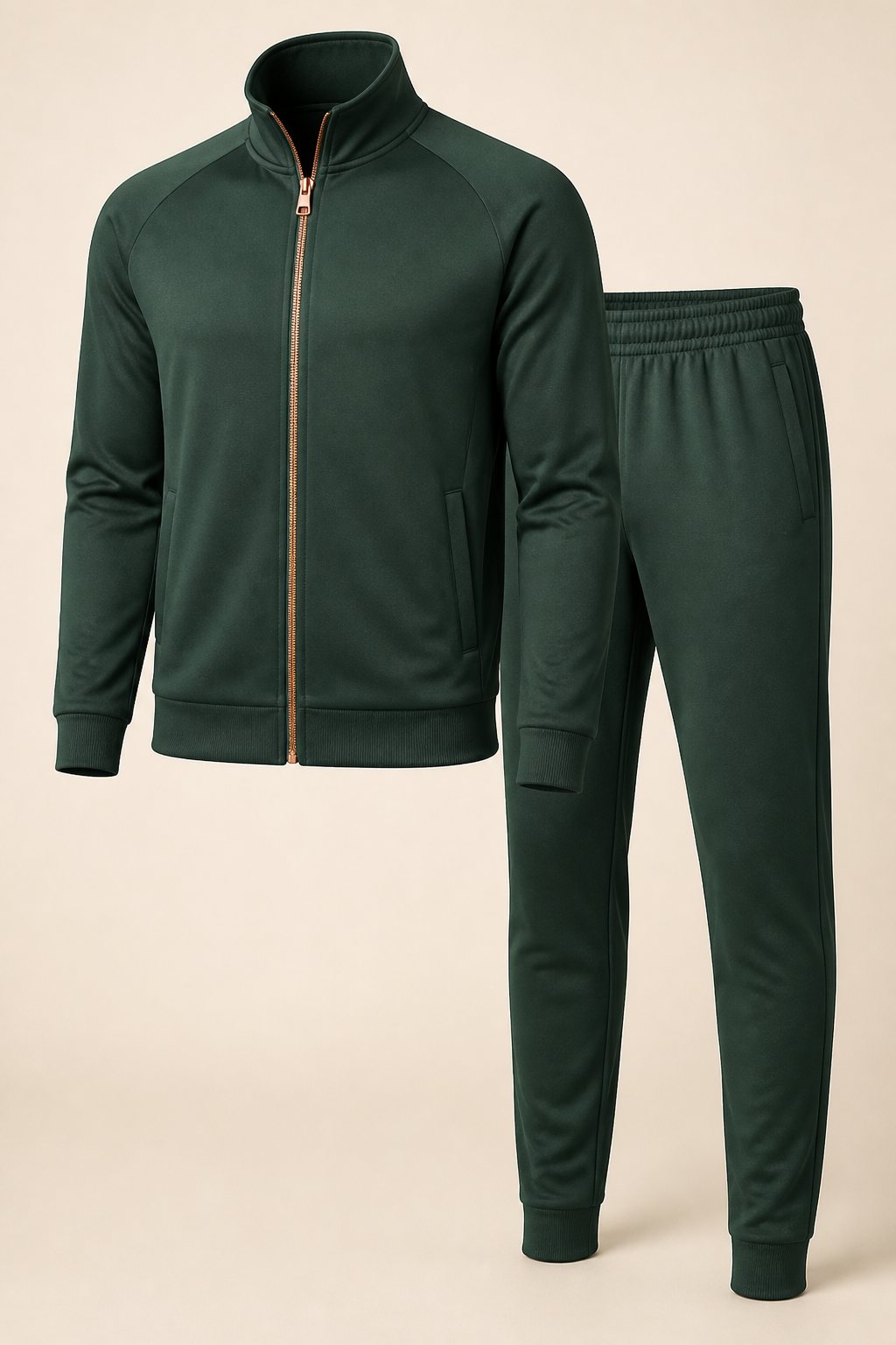 Pine-green zip tracksuit jacket and matching pants on a studio backdrop