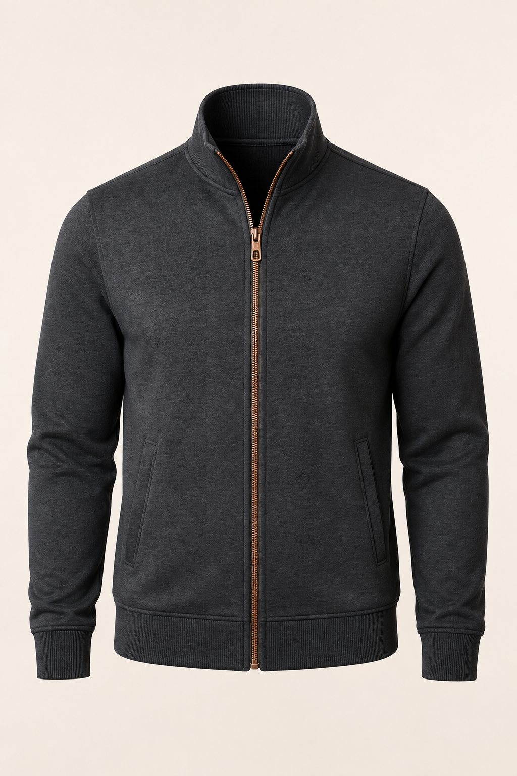 Charcoal zip-up track jacket, product shot on a bone studio backdrop