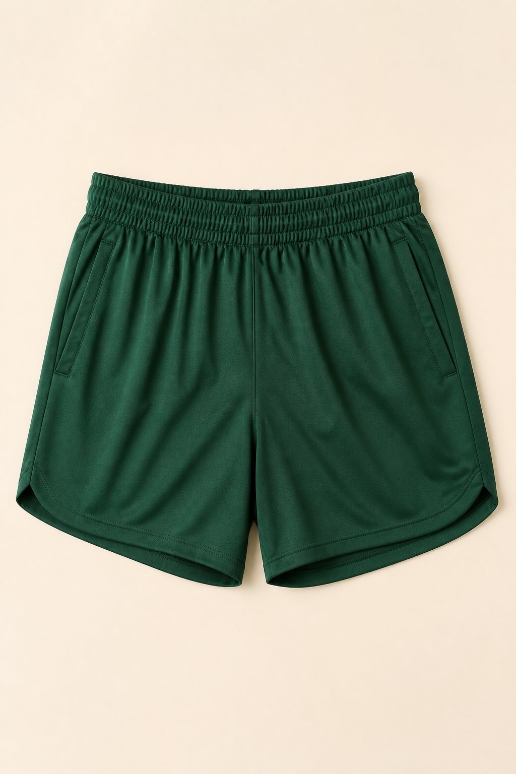 Pine-green athletic shorts, product photograph of the garment only